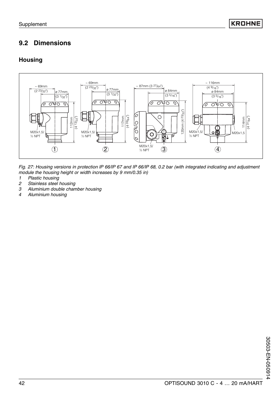 2 dimensions, Housing | KROHNE OPTISOUND 3010C 2wire EN User Manual | Page 42 / 48