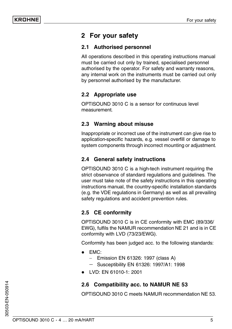 2 for your safety, 1 authorised personnel, 2 appropriate use | 3 warning about misuse, 4 general safety instructions, 5 ce conformity, 6 compatibility acc. to namur ne 53 | KROHNE OPTISOUND 3010C 2wire EN User Manual | Page 5 / 48