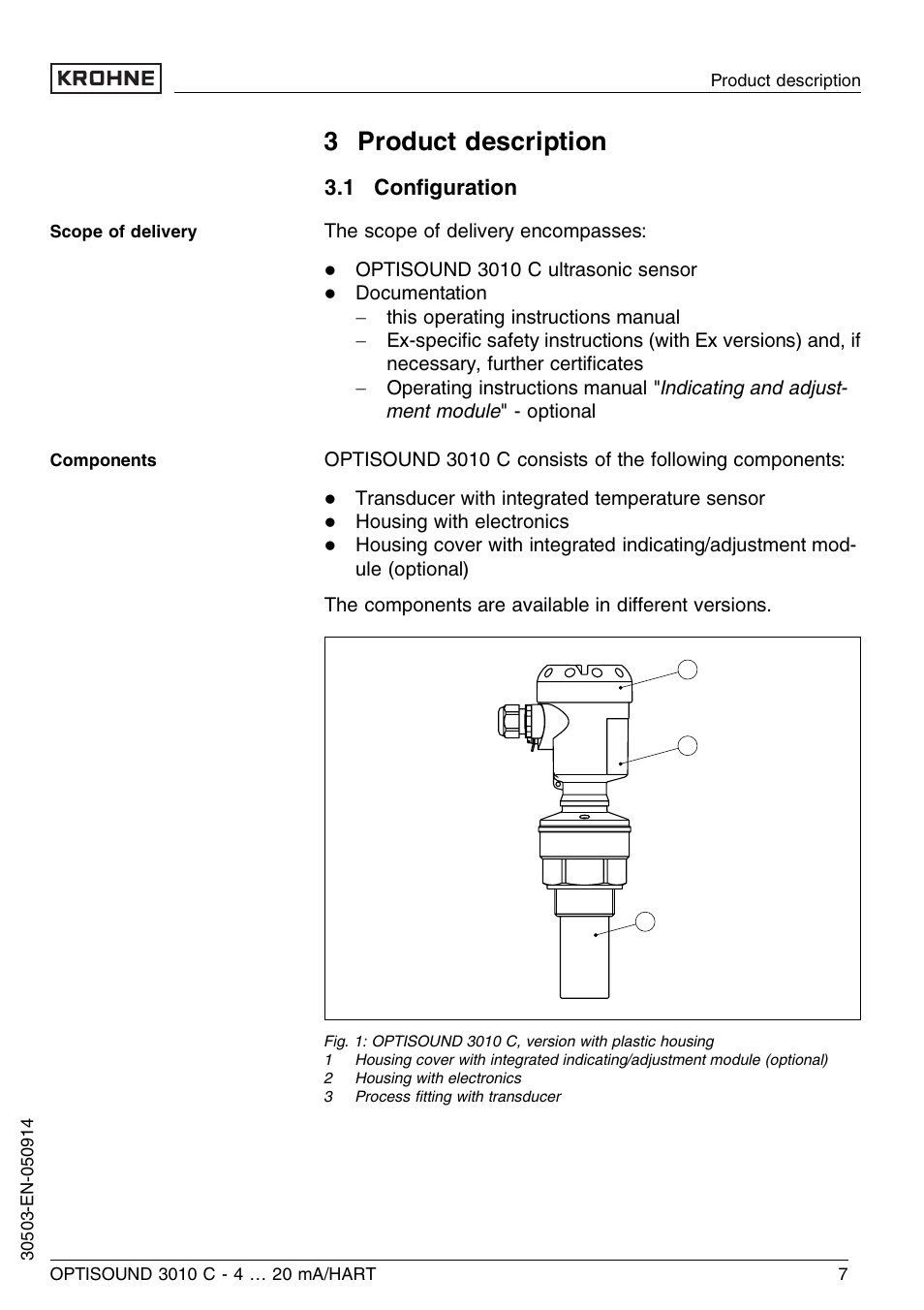 3 product description, 1 configuration, 2 principle of operation | 1 conﬁguration | KROHNE OPTISOUND 3010C 2wire EN User Manual | Page 7 / 48
