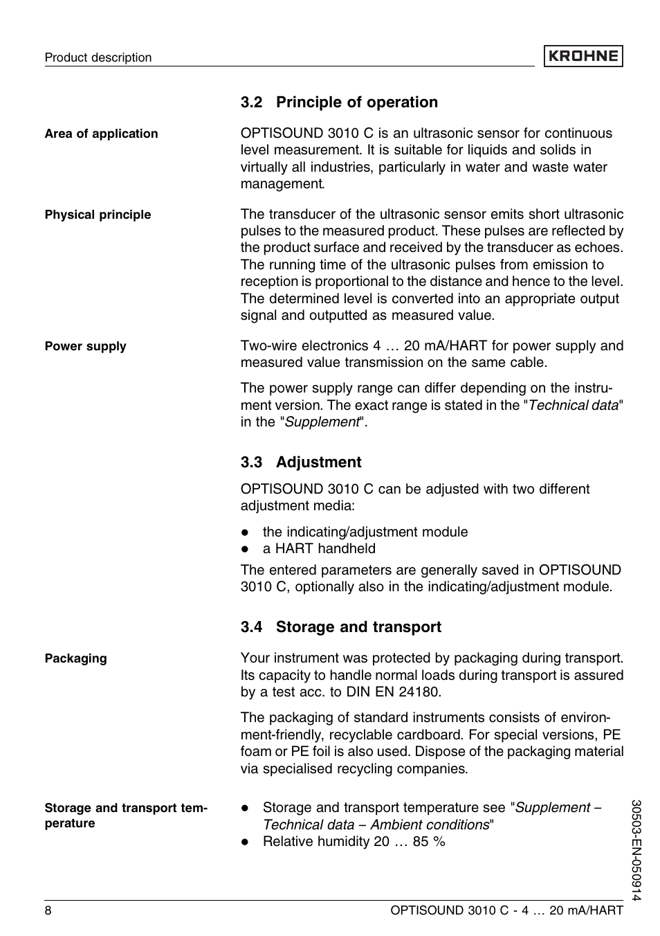 2 principle of operation, 3 adjustment, 4 storage and transport | KROHNE OPTISOUND 3010C 2wire EN User Manual | Page 8 / 48