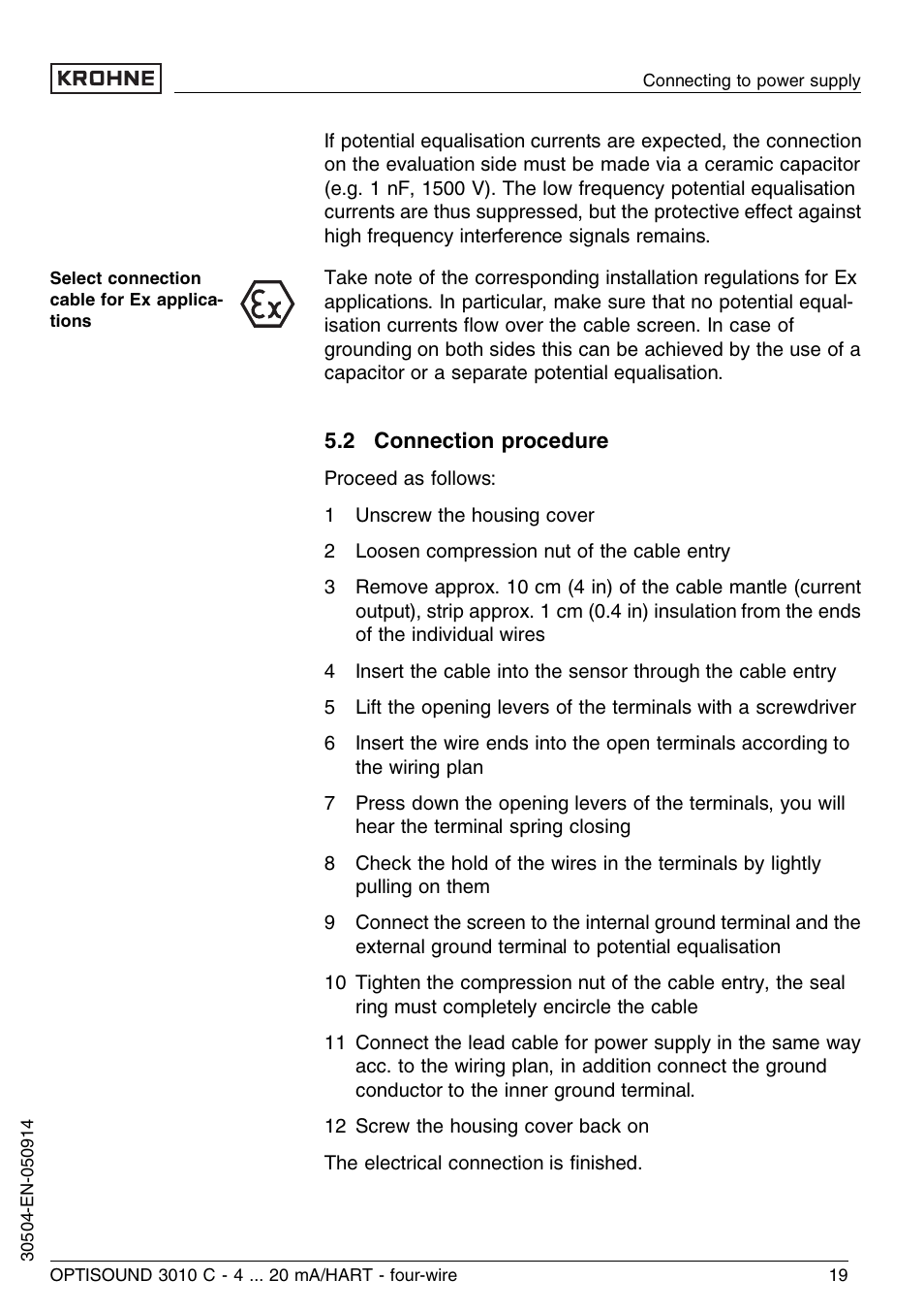 2 connection procedure | KROHNE OPTISOUND 3010C 4wire EN User Manual | Page 19 / 44