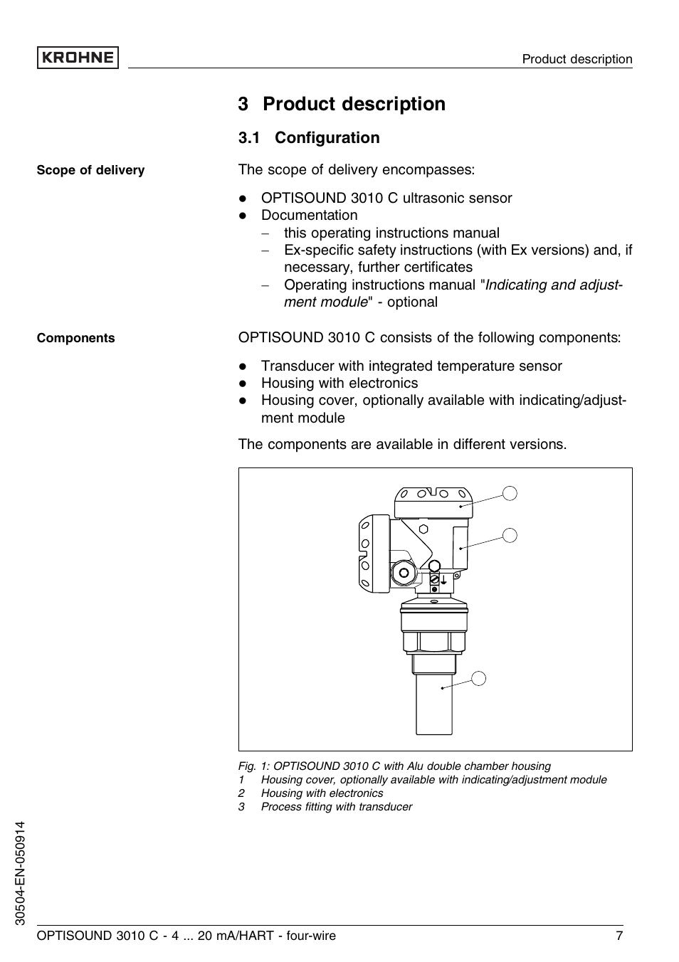 3 product description, 1 configuration, 2 principle of operation | 1 conﬁguration | KROHNE OPTISOUND 3010C 4wire EN User Manual | Page 7 / 44
