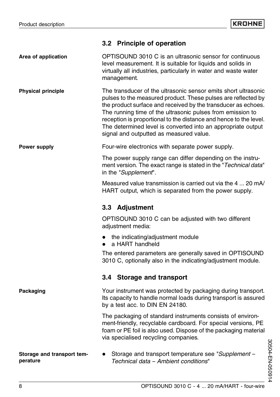 2 principle of operation, 3 adjustment, 4 storage and transport | KROHNE OPTISOUND 3010C 4wire EN User Manual | Page 8 / 44