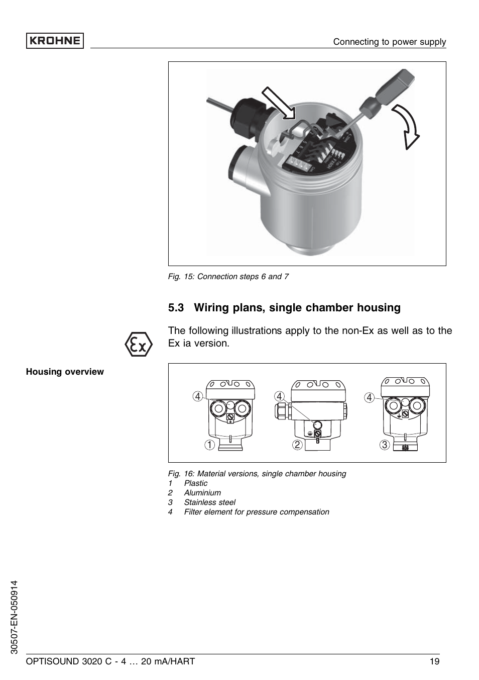 3 wiring plans, single chamber housing | KROHNE OPTISOUND 3020C 2wire EN User Manual | Page 19 / 48