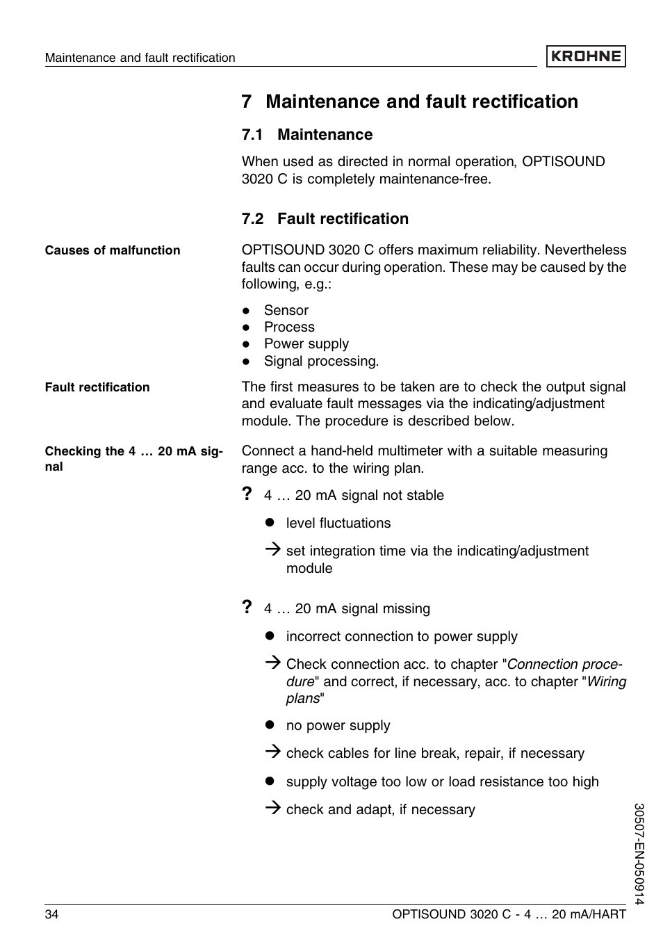 7 maintenance and fault rectification, 1 maintenance, 2 fault rectification | 7 maintenance and fault rectiﬁcation | KROHNE OPTISOUND 3020C 2wire EN User Manual | Page 34 / 48