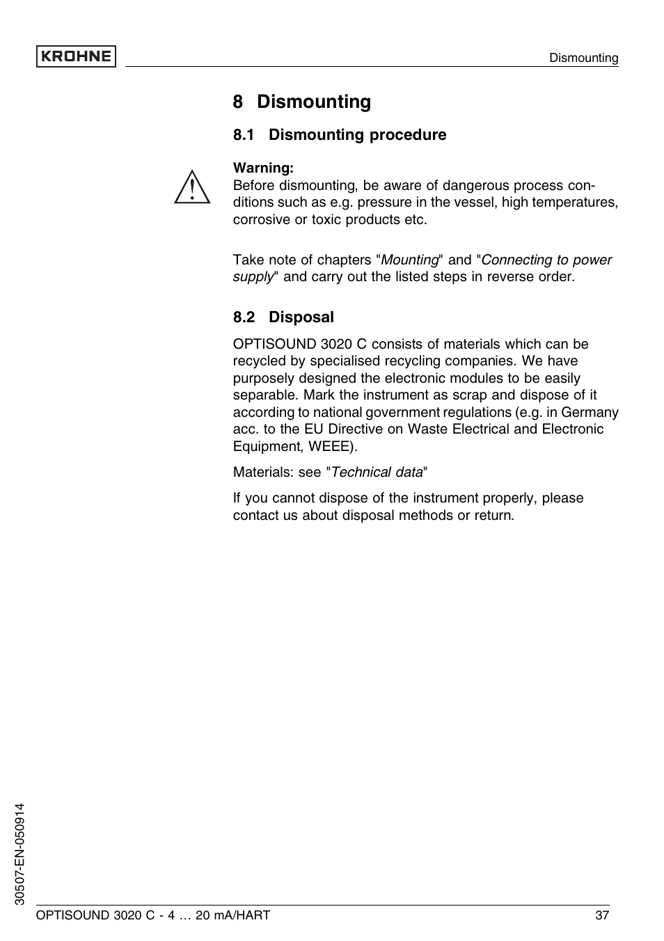 8 dismounting, 1 dismounting procedure, 2 disposal | KROHNE OPTISOUND 3020C 2wire EN User Manual | Page 37 / 48