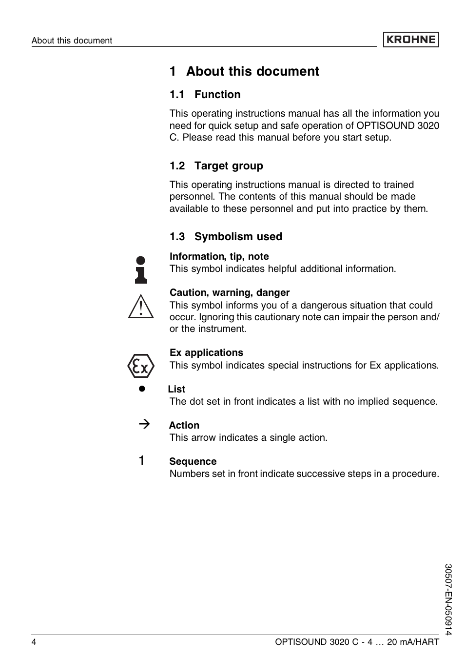 1 about this document, 1 function, 2 target group | 3 symbolism used | KROHNE OPTISOUND 3020C 2wire EN User Manual | Page 4 / 48