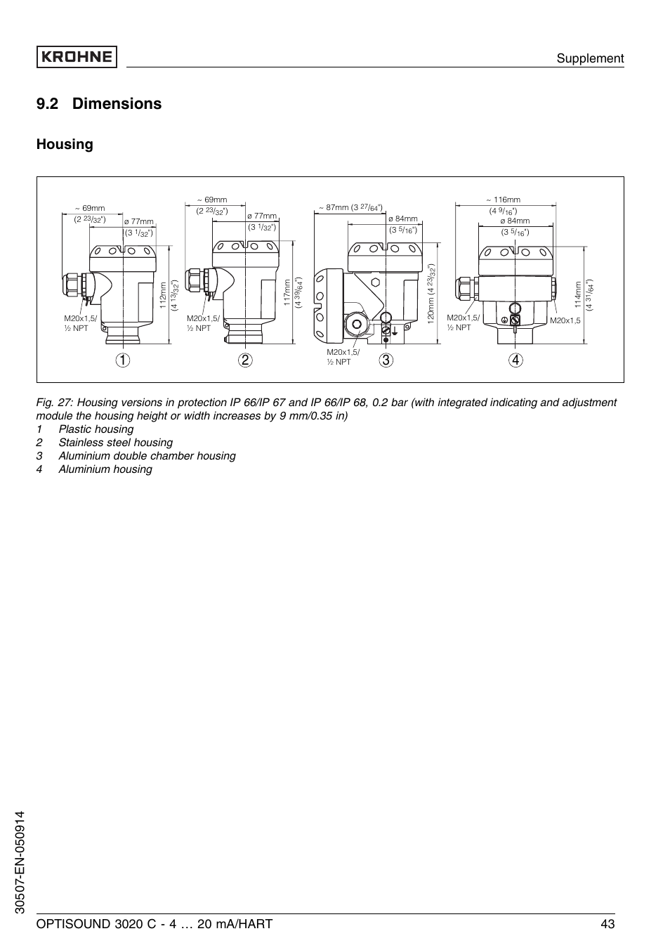 2 dimensions, Housing | KROHNE OPTISOUND 3020C 2wire EN User Manual | Page 43 / 48