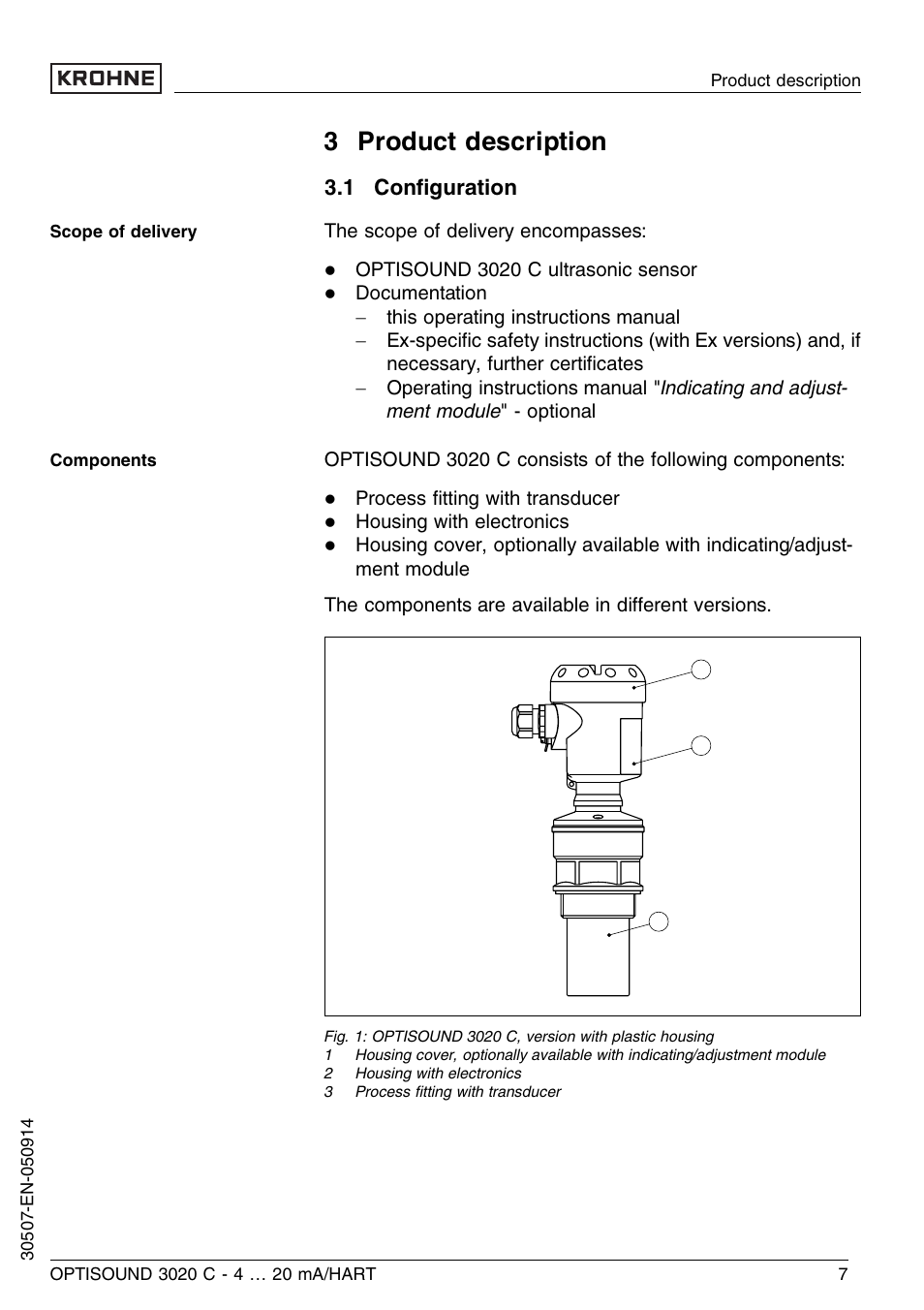 3 product description, 1 configuration, 2 principle of operation | 1 conﬁguration | KROHNE OPTISOUND 3020C 2wire EN User Manual | Page 7 / 48