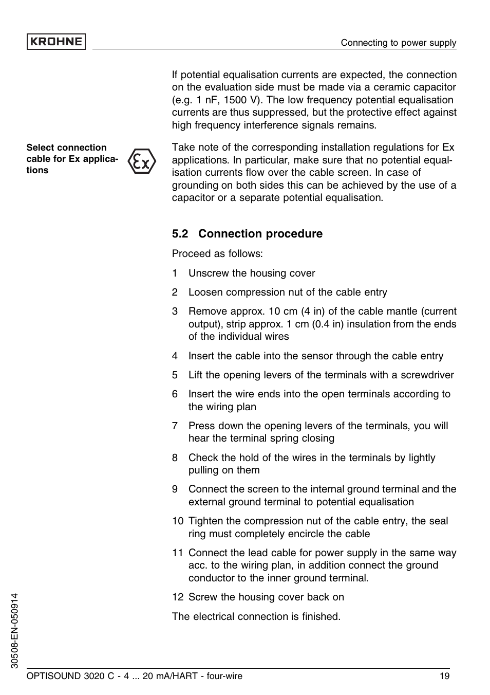 2 connection procedure | KROHNE OPTISOUND 3020C 4wire EN User Manual | Page 19 / 44