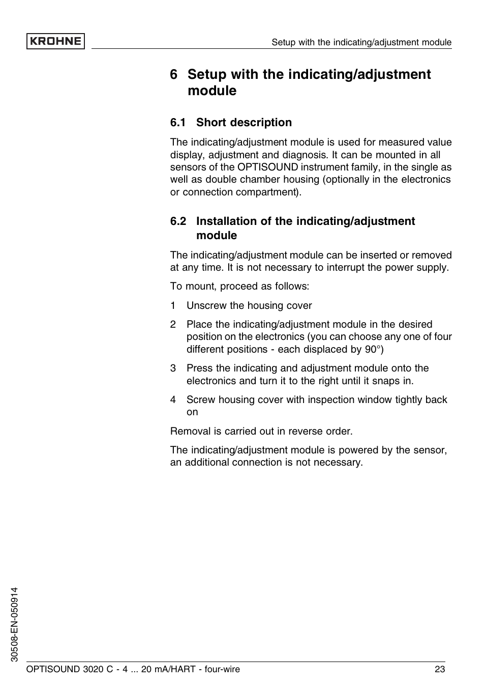 6 setup with the indicating/adjustment module, 1 short description, 2 installation of the indicating/adjustment module | KROHNE OPTISOUND 3020C 4wire EN User Manual | Page 23 / 44