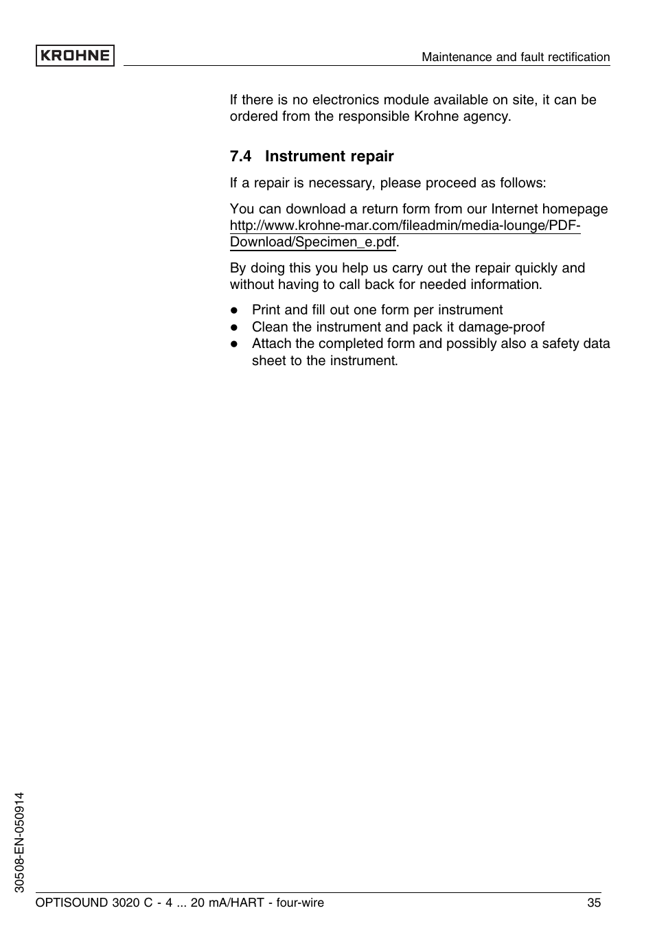 4 instrument repair | KROHNE OPTISOUND 3020C 4wire EN User Manual | Page 35 / 44