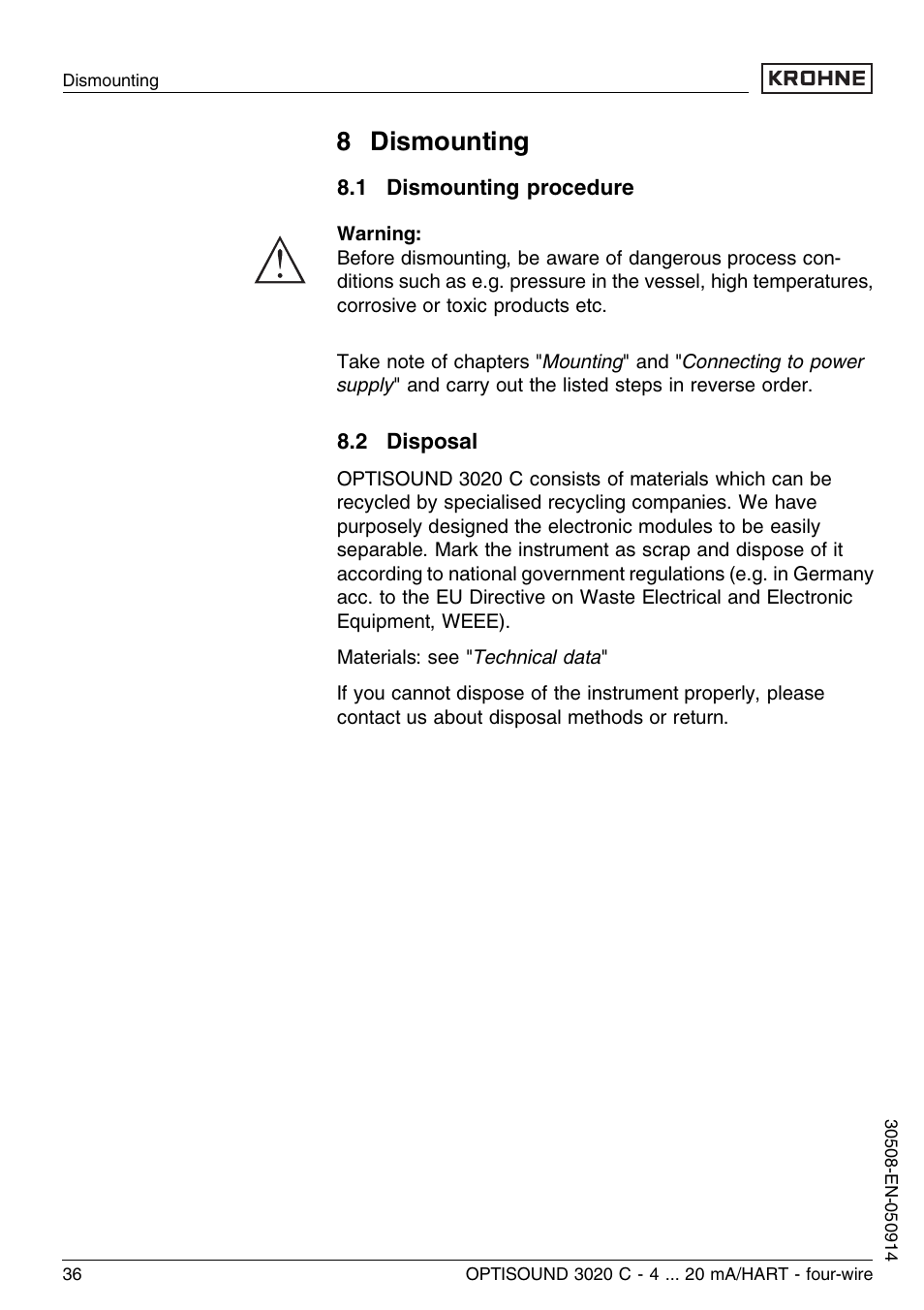 8 dismounting, 1 dismounting procedure, 2 disposal | KROHNE OPTISOUND 3020C 4wire EN User Manual | Page 36 / 44