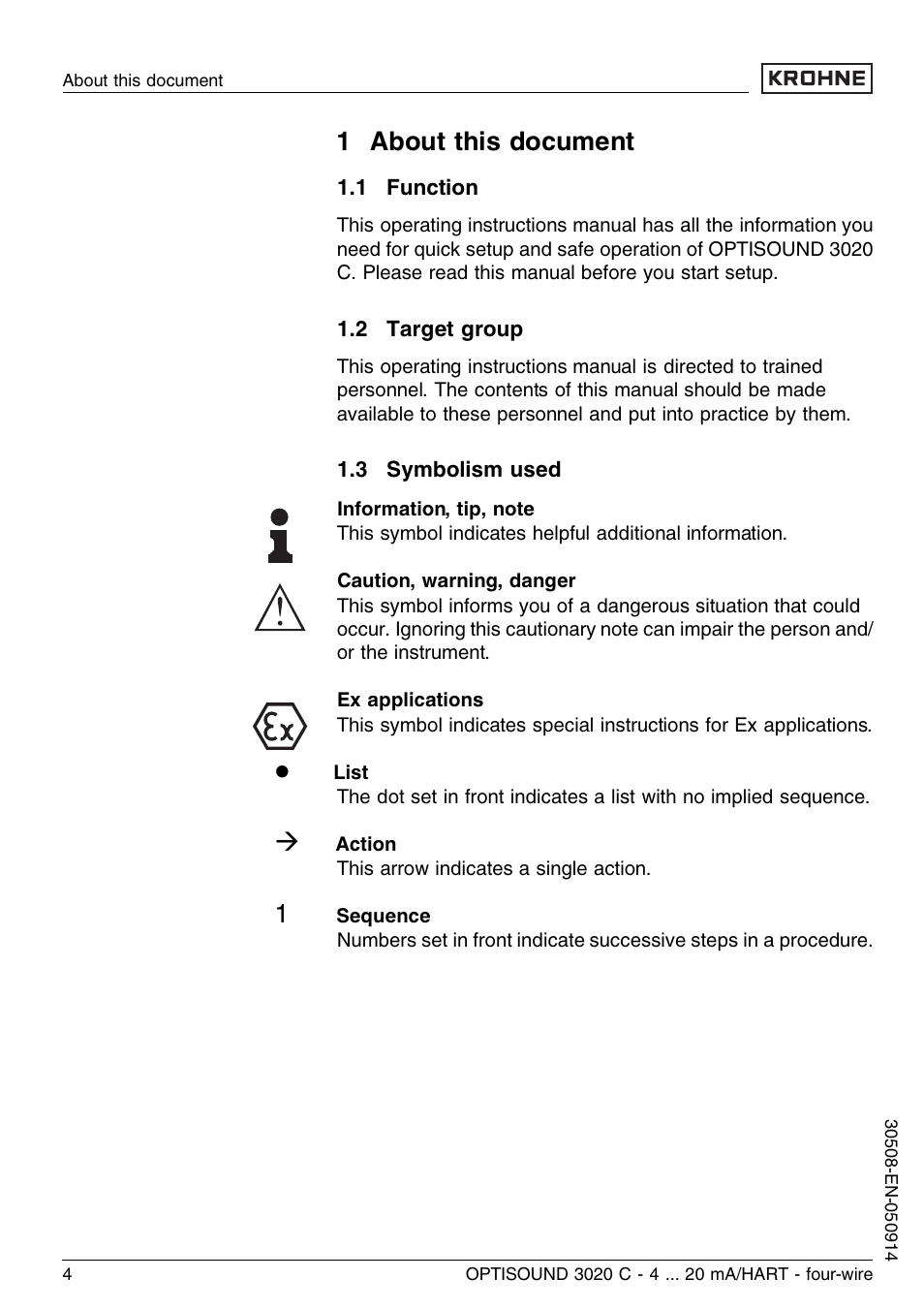 1 about this document, 1 function, 2 target group | 3 symbolism used | KROHNE OPTISOUND 3020C 4wire EN User Manual | Page 4 / 44