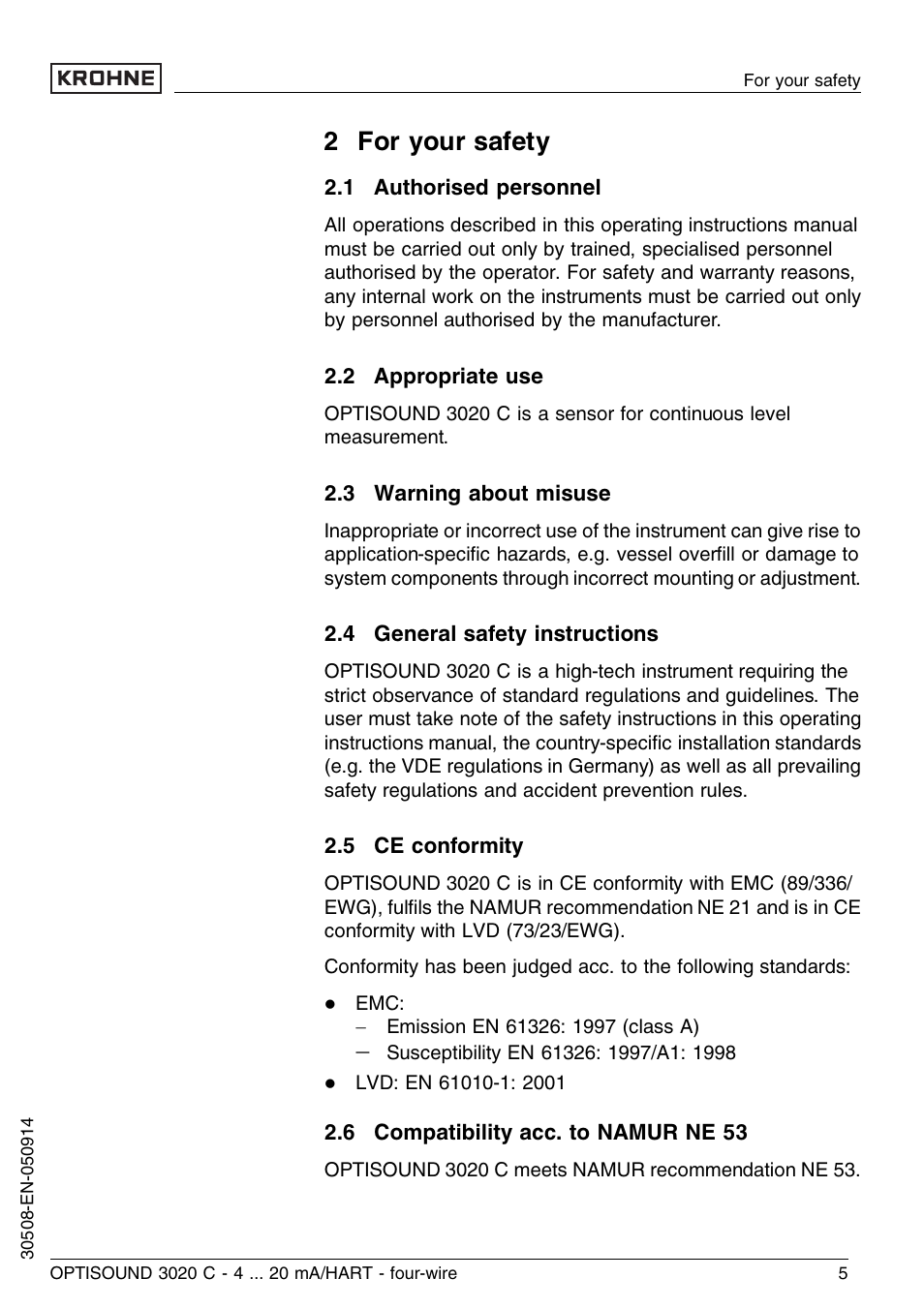2 for your safety, 1 authorised personnel, 2 appropriate use | 3 warning about misuse, 4 general safety instructions, 5 ce conformity, 6 compatibility acc. to namur ne 53 | KROHNE OPTISOUND 3020C 4wire EN User Manual | Page 5 / 44