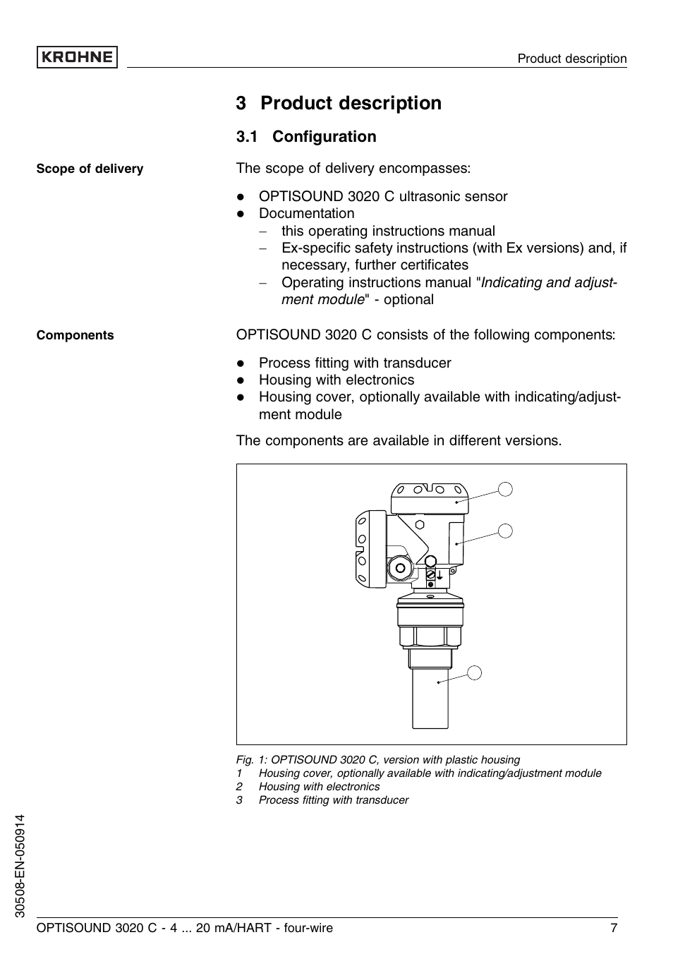 3 product description, 1 configuration, 2 principle of operation | 1 conﬁguration | KROHNE OPTISOUND 3020C 4wire EN User Manual | Page 7 / 44