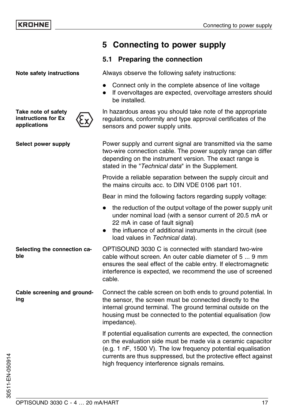 5 connecting to power supply, 1 preparing the connection | KROHNE OPTISOUND 3030C 2wire EN User Manual | Page 17 / 48