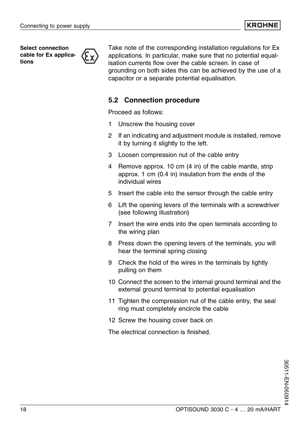 2 connection procedure | KROHNE OPTISOUND 3030C 2wire EN User Manual | Page 18 / 48