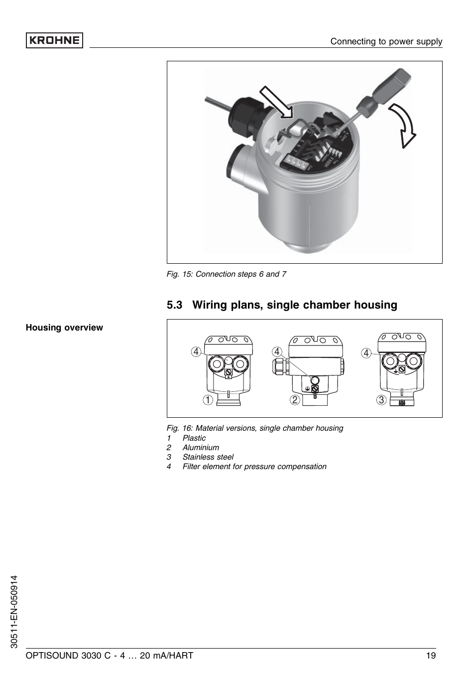 3 wiring plans, single chamber housing | KROHNE OPTISOUND 3030C 2wire EN User Manual | Page 19 / 48