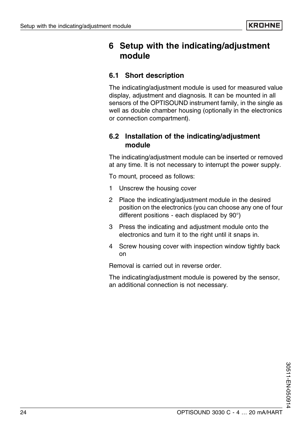 6 setup with the indicating/adjustment module, 1 short description, 2 installation of the indicating/adjustment module | KROHNE OPTISOUND 3030C 2wire EN User Manual | Page 24 / 48