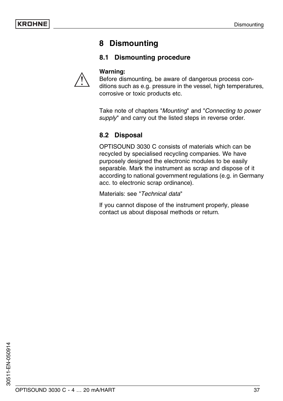 8 dismounting, 1 dismounting procedure, 2 disposal | KROHNE OPTISOUND 3030C 2wire EN User Manual | Page 37 / 48