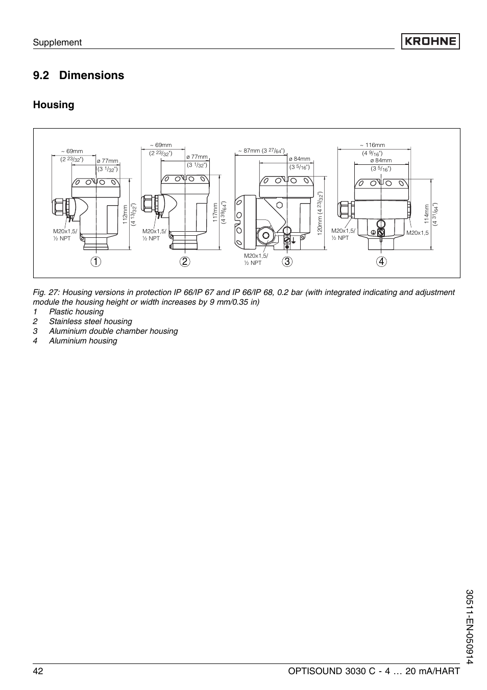2 dimensions, Housing | KROHNE OPTISOUND 3030C 2wire EN User Manual | Page 42 / 48