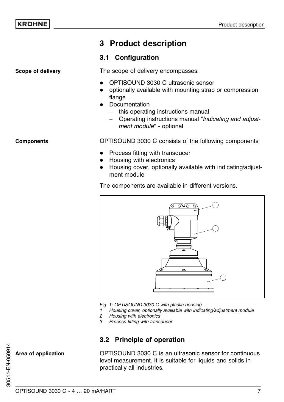 3 product description, 1 configuration, 2 principle of operation | 1 conﬁguration | KROHNE OPTISOUND 3030C 2wire EN User Manual | Page 7 / 48
