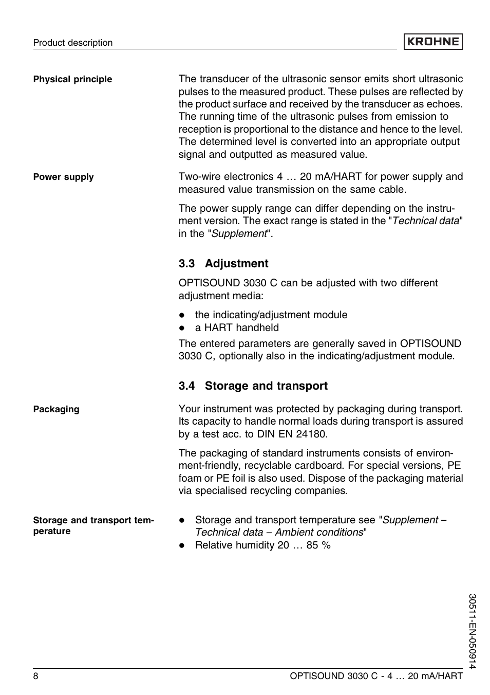 3 adjustment, 4 storage and transport | KROHNE OPTISOUND 3030C 2wire EN User Manual | Page 8 / 48