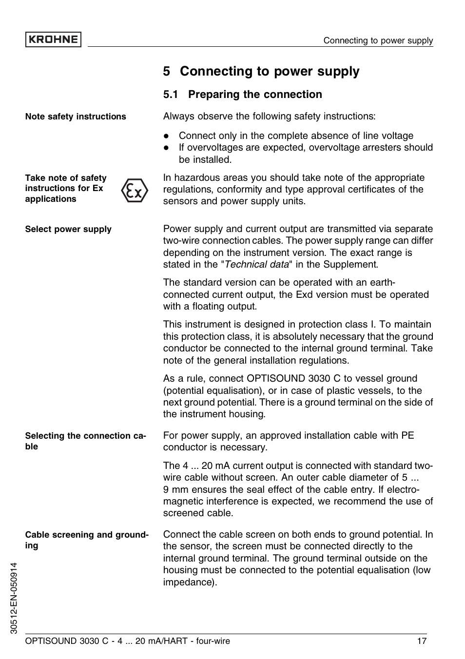 5 connecting to power supply, 1 preparing the connection | KROHNE OPTISOUND 3030C 4wire EN User Manual | Page 17 / 44