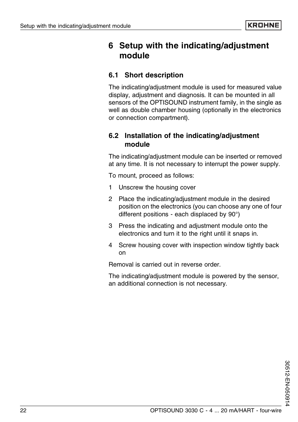 6 setup with the indicating/adjustment module, 1 short description, 2 installation of the indicating/adjustment module | KROHNE OPTISOUND 3030C 4wire EN User Manual | Page 22 / 44