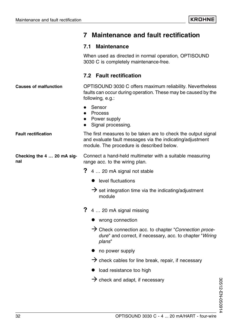 7 maintenance and fault rectification, 1 maintenance, 2 fault rectification | 7 maintenance and fault rectiﬁcation | KROHNE OPTISOUND 3030C 4wire EN User Manual | Page 32 / 44