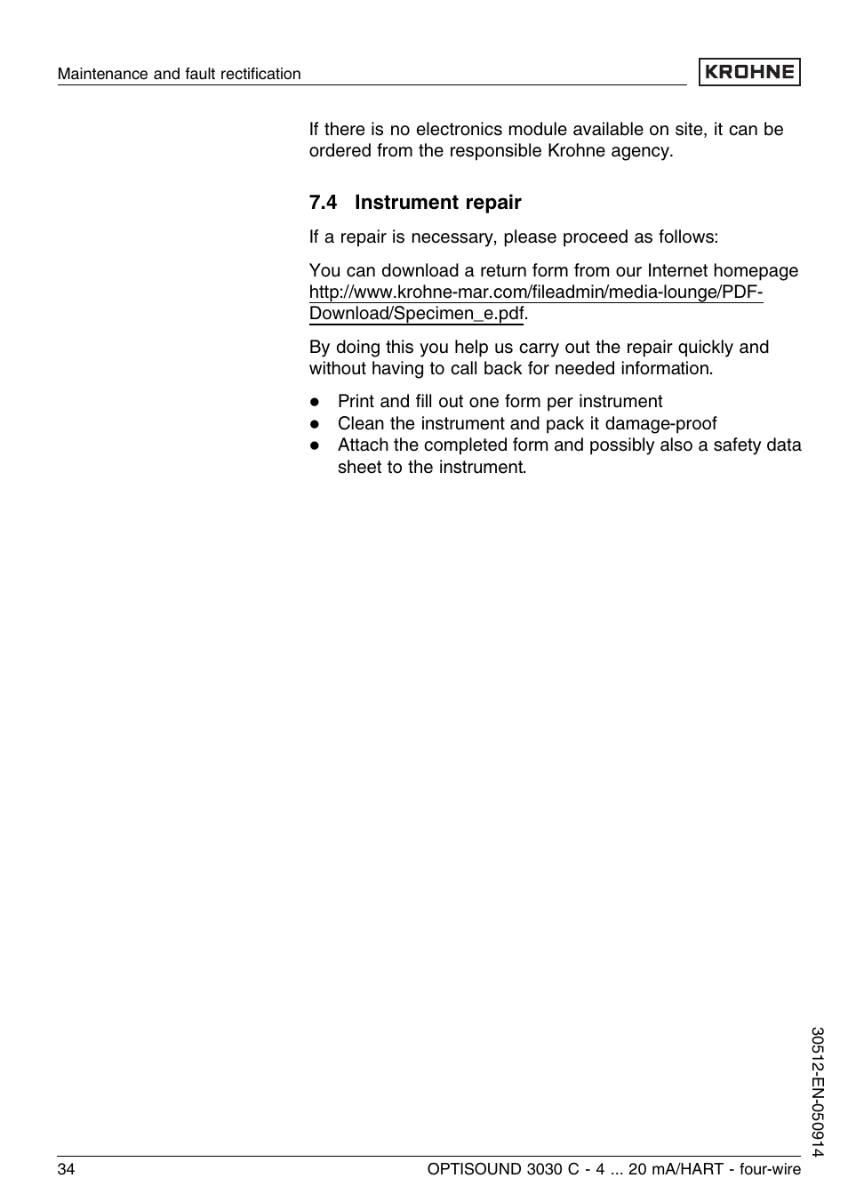 4 instrument repair | KROHNE OPTISOUND 3030C 4wire EN User Manual | Page 34 / 44