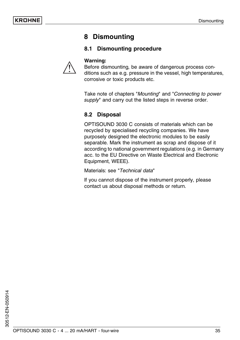8 dismounting, 1 dismounting procedure, 2 disposal | KROHNE OPTISOUND 3030C 4wire EN User Manual | Page 35 / 44