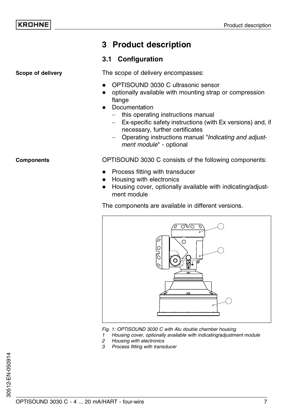 3 product description, 1 configuration, 2 principle of operation | 1 conﬁguration | KROHNE OPTISOUND 3030C 4wire EN User Manual | Page 7 / 44