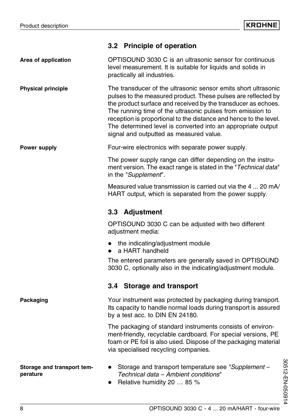 2 principle of operation, 3 adjustment, 4 storage and transport | KROHNE OPTISOUND 3030C 4wire EN User Manual | Page 8 / 44