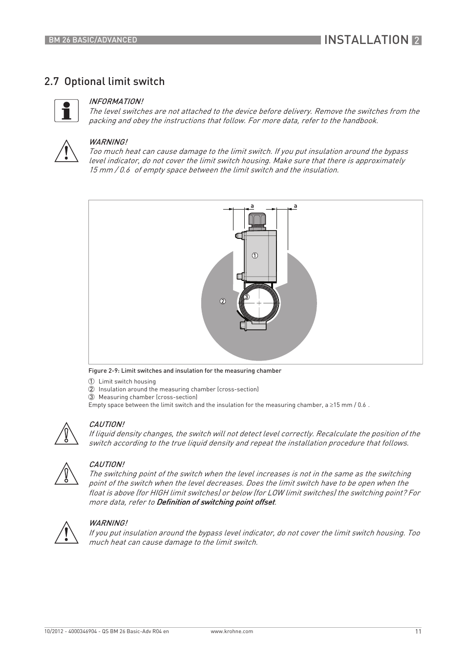 Installation, 7 optional limit switch | KROHNE BM 26 BASIC_ADVANCED Quickstart EN User Manual | Page 11 / 32