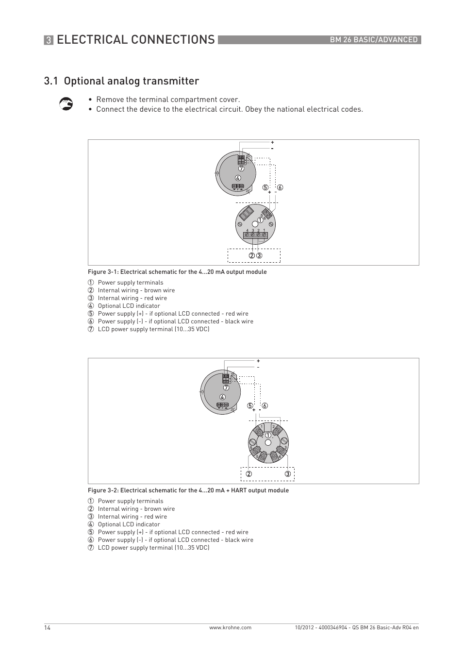 Electrical connections, 1 optional analog transmitter | KROHNE BM 26 BASIC_ADVANCED Quickstart EN User Manual | Page 14 / 32