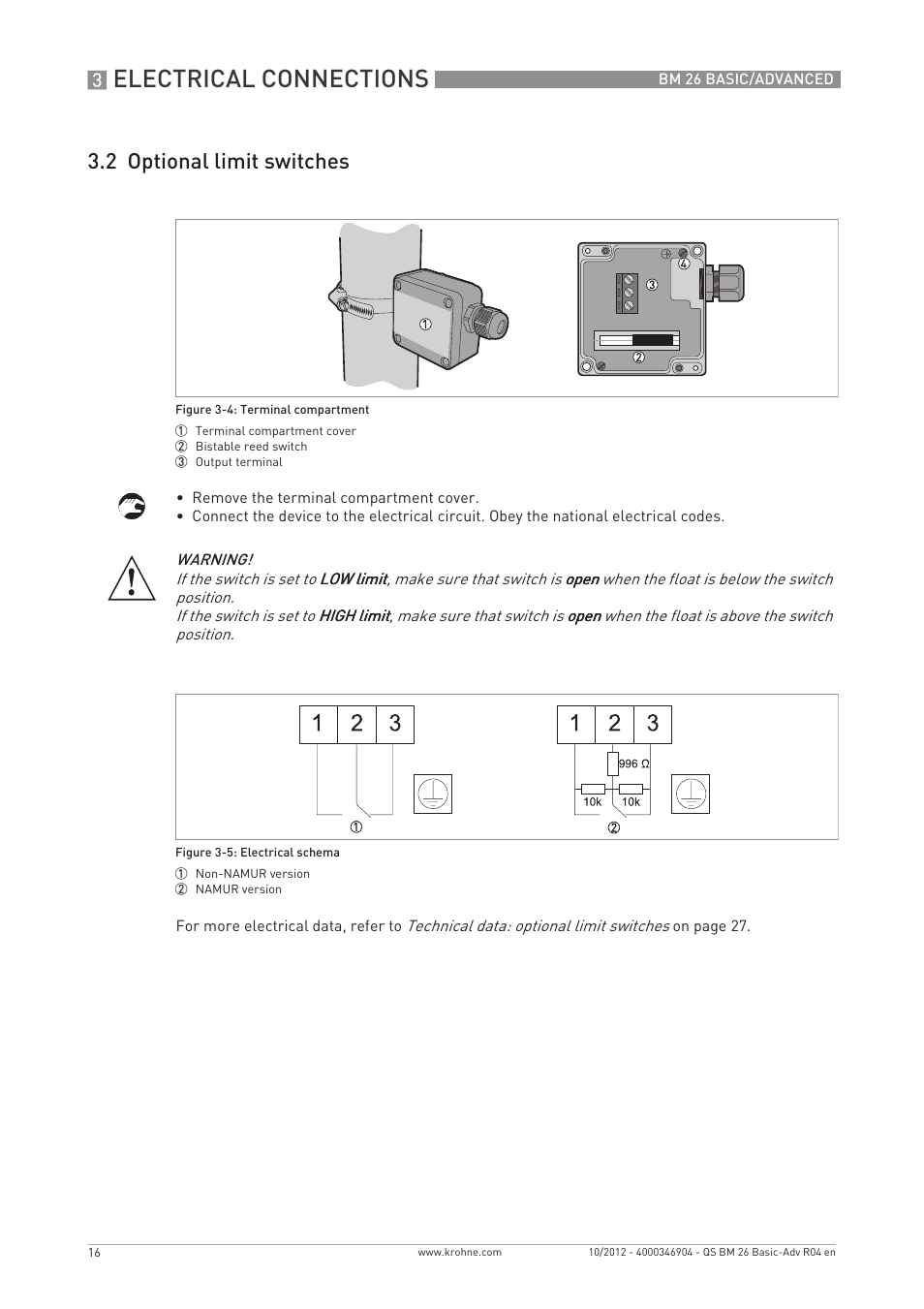 Electrical connections, 2 optional limit switches | KROHNE BM 26 BASIC_ADVANCED Quickstart EN User Manual | Page 16 / 32