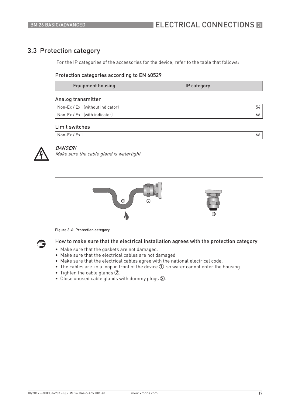 Electrical connections, 3 protection category | KROHNE BM 26 BASIC_ADVANCED Quickstart EN User Manual | Page 17 / 32