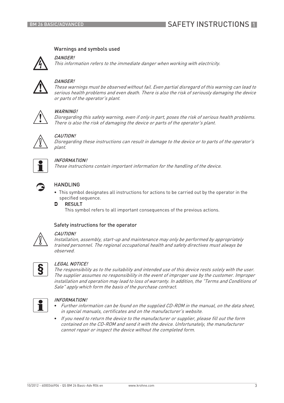 Safety instructions | KROHNE BM 26 BASIC_ADVANCED Quickstart EN User Manual | Page 3 / 32