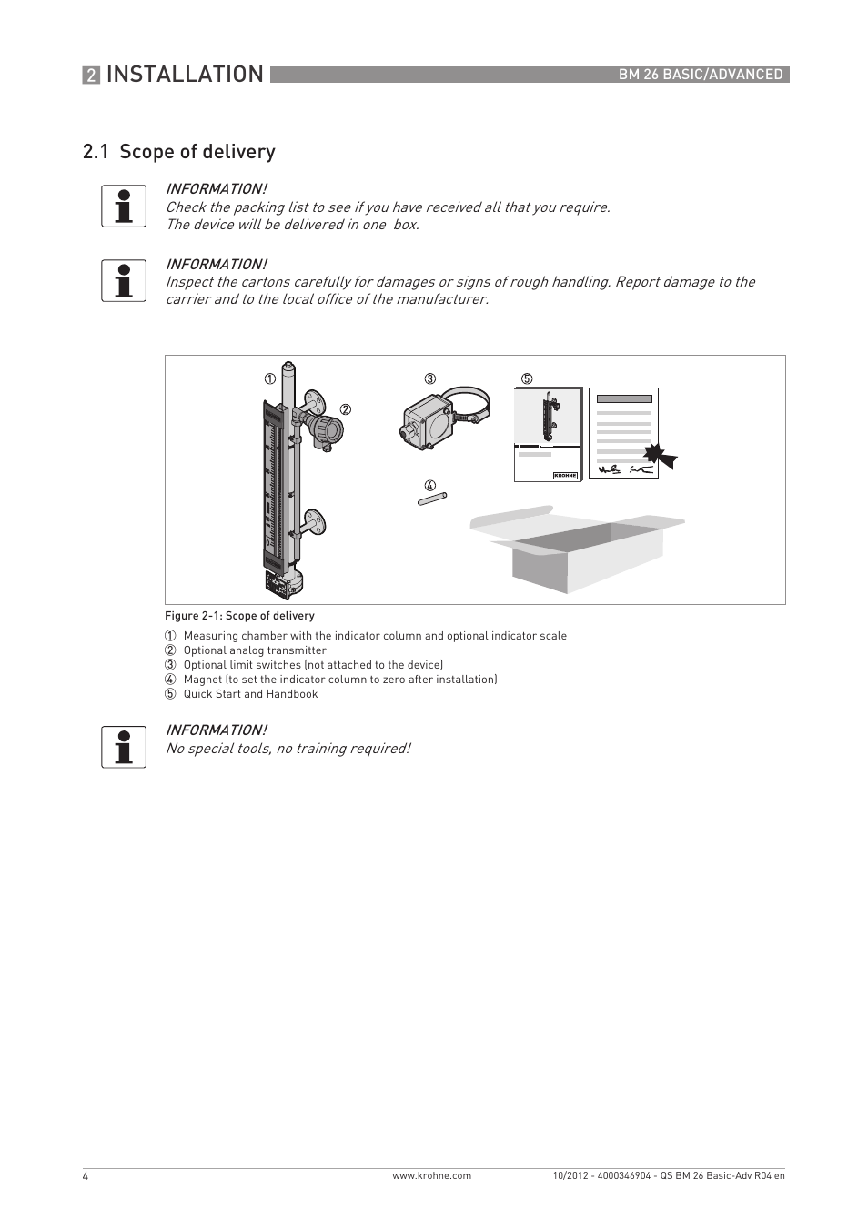 Installation, 1 scope of delivery | KROHNE BM 26 BASIC_ADVANCED Quickstart EN User Manual | Page 4 / 32