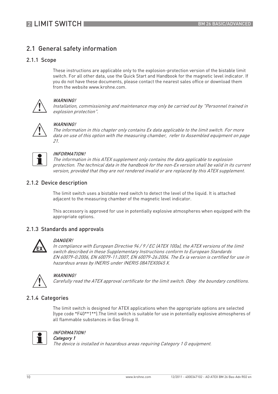 Limit switch, 1 general safety information | KROHNE BM 26 BASIC-ADVANCED ATEX EN User Manual | Page 10 / 32