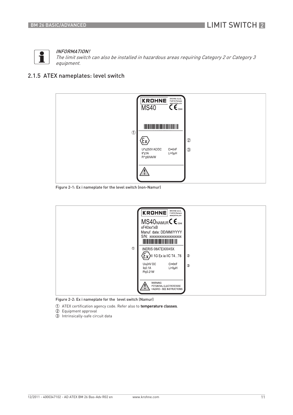 Limit switch, 5 atex nameplates: level switch | KROHNE BM 26 BASIC-ADVANCED ATEX EN User Manual | Page 11 / 32