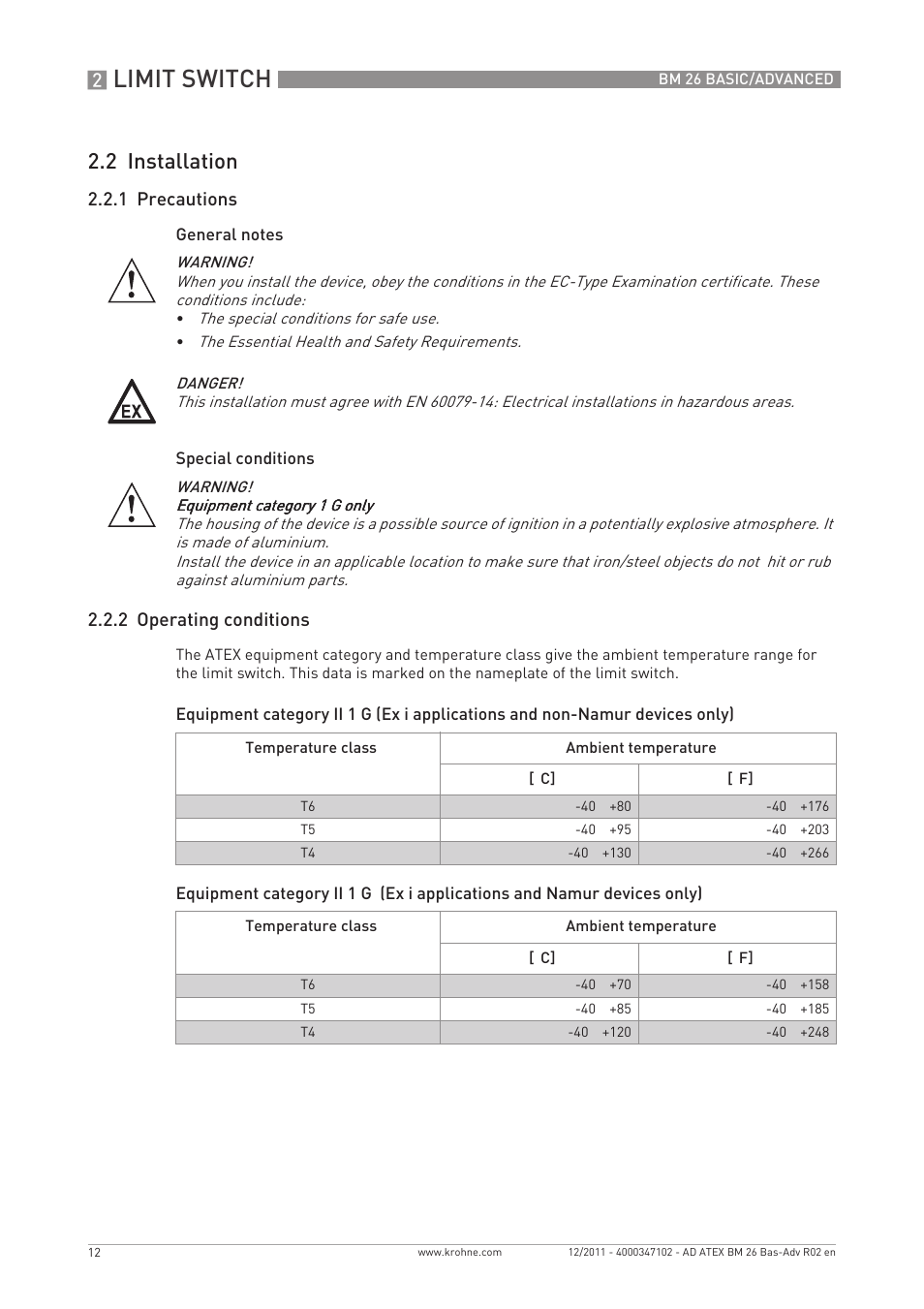 Limit switch, 2 installation, 1 precautions | 2 operating conditions | KROHNE BM 26 BASIC-ADVANCED ATEX EN User Manual | Page 12 / 32