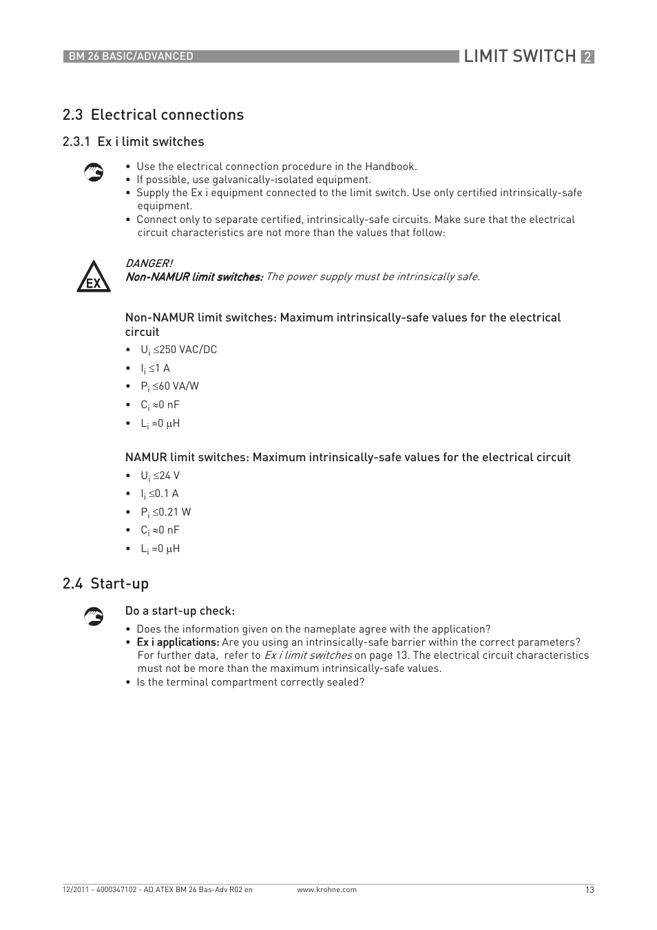 Limit switch, 3 electrical connections, 4 start-up | 1 ex i limit switches | KROHNE BM 26 BASIC-ADVANCED ATEX EN User Manual | Page 13 / 32