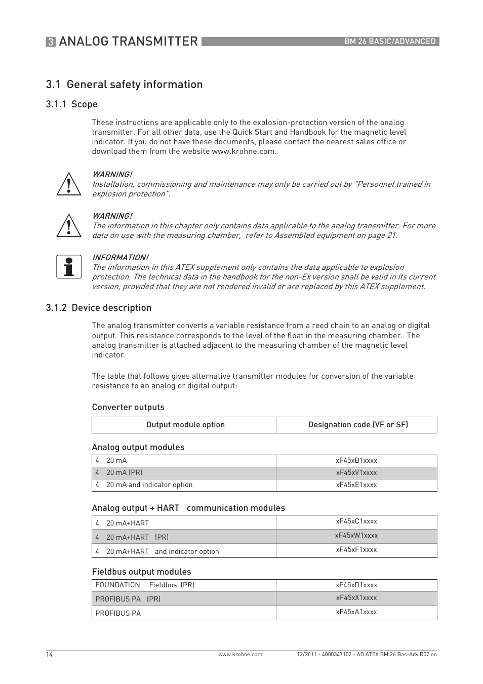 Analog transmitter, 1 general safety information, 1 scope | 2 device description | KROHNE BM 26 BASIC-ADVANCED ATEX EN User Manual | Page 14 / 32