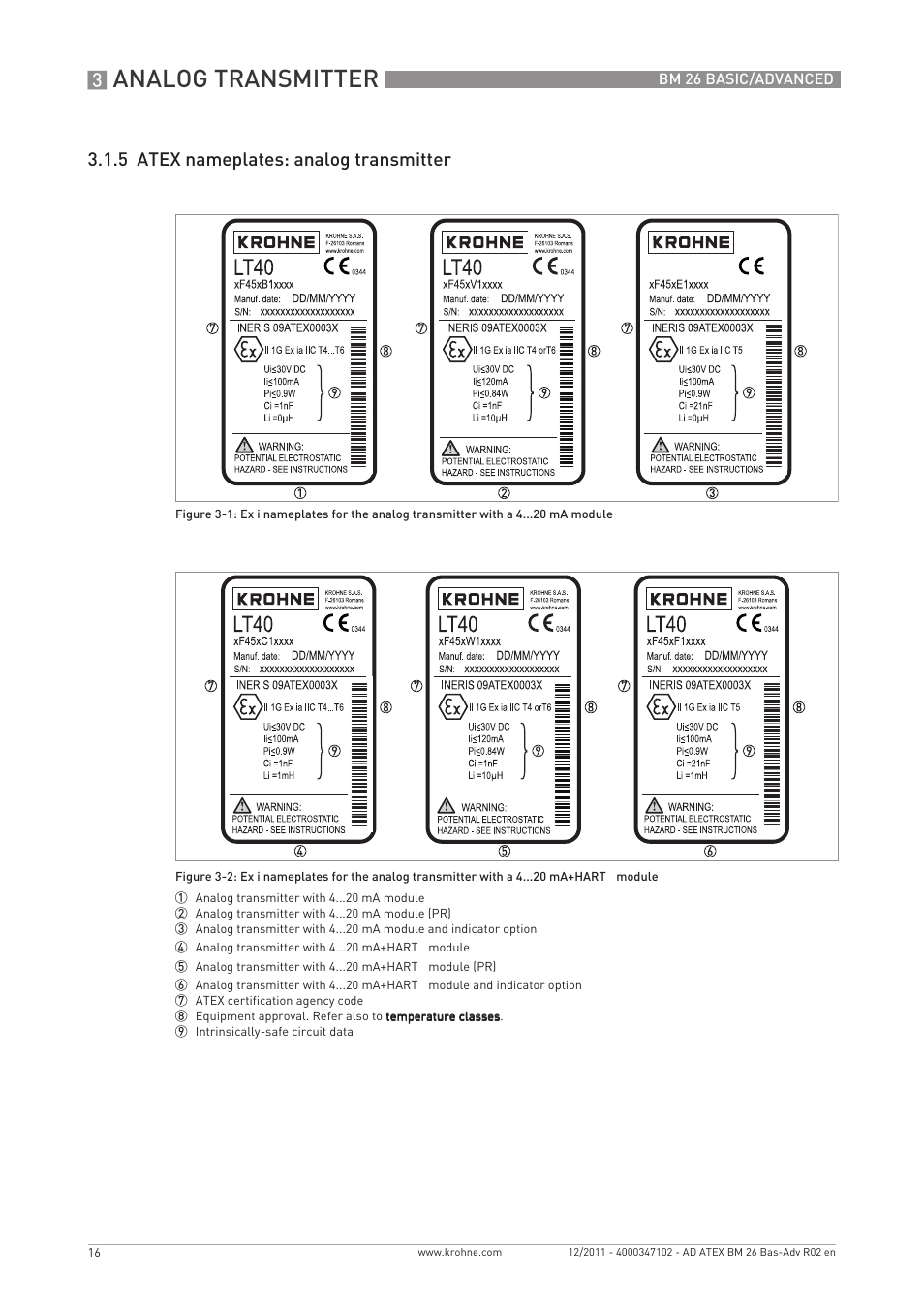 Analog transmitter, Lt40, 5 atex nameplates: analog transmitter | KROHNE BM 26 BASIC-ADVANCED ATEX EN User Manual | Page 16 / 32