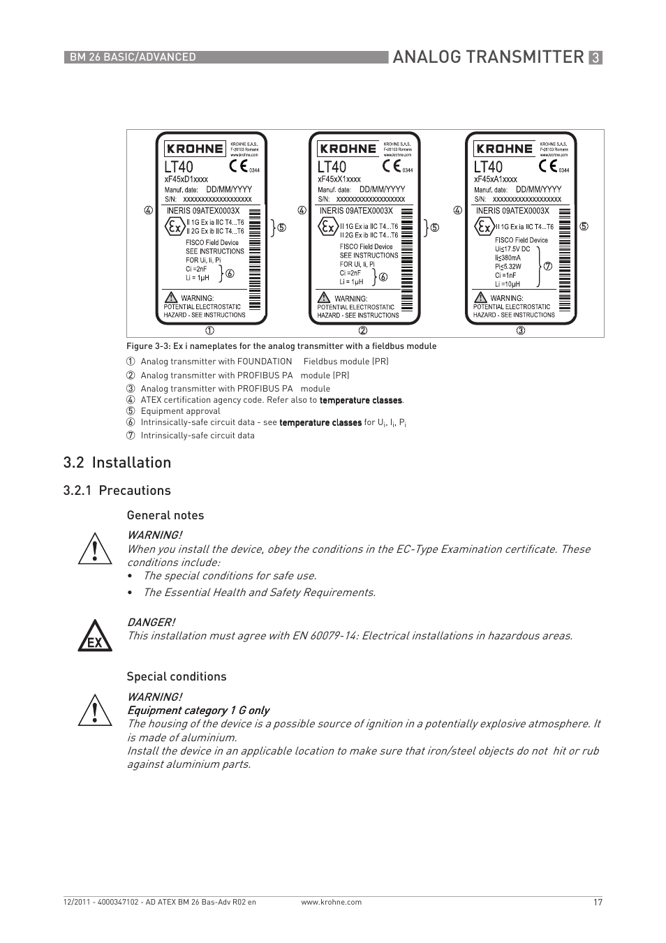 Analog transmitter, 2 installation, 1 precautions | KROHNE BM 26 BASIC-ADVANCED ATEX EN User Manual | Page 17 / 32