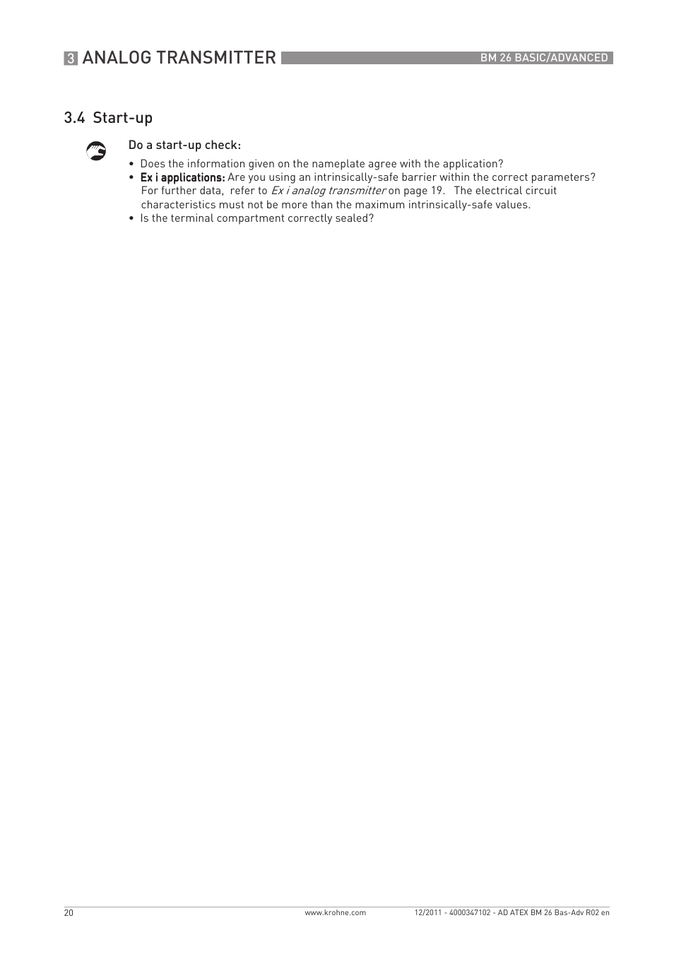 Analog transmitter, 4 start-up | KROHNE BM 26 BASIC-ADVANCED ATEX EN User Manual | Page 20 / 32