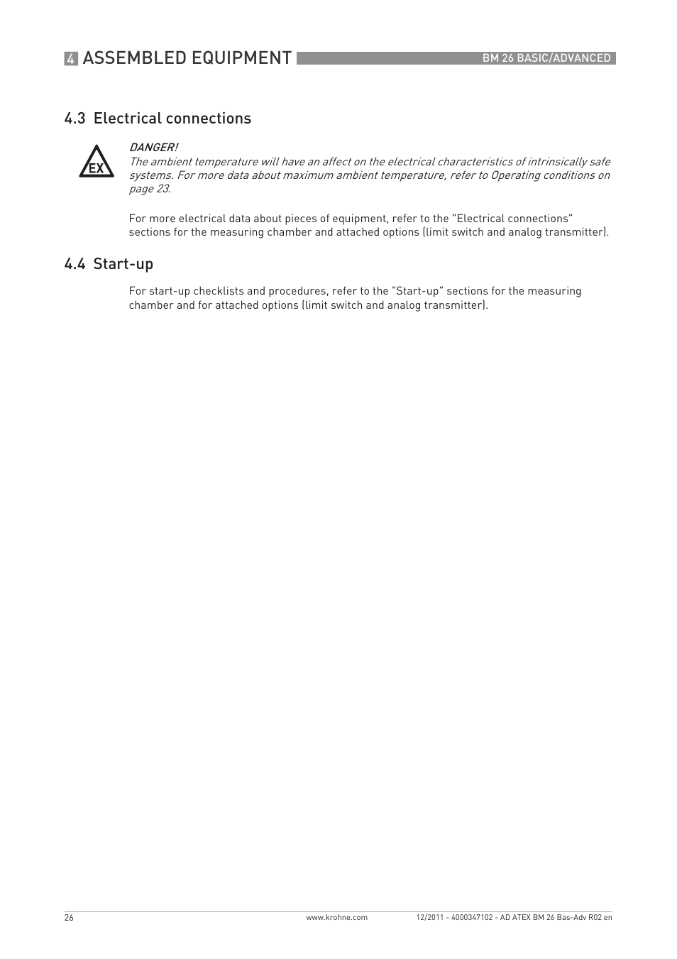 Assembled equipment, 3 electrical connections, 4 start-up | KROHNE BM 26 BASIC-ADVANCED ATEX EN User Manual | Page 26 / 32